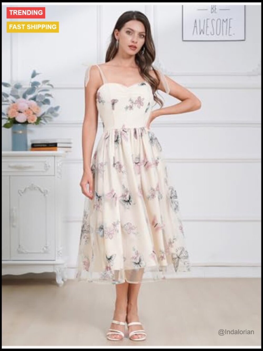 Tie Strap Tulle Prom Dress with Butterfly Flower Embroidery - Picture 2 of 5